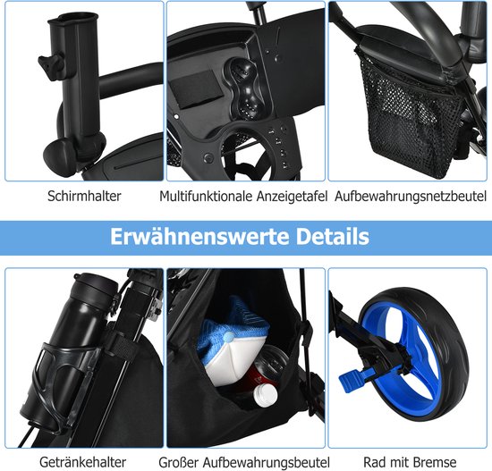 Coast Chariot de golf, chariot de golf, chariot de golf, chariot de golf, pliant, caddy de golf chariot de golf en aluminium, caddy de golf avec porte-parapluie, porte-pièce en T et sac de rangement