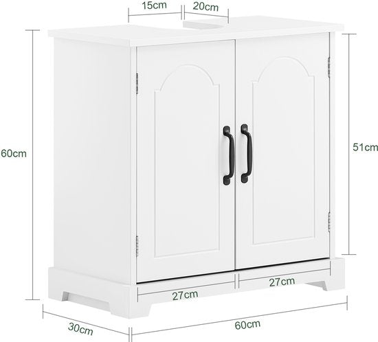 SoBuy Meuble bas pour évier, salle de bain, 60 cm, petit meuble de rangement sous évier avec étagères réglables, meuble compact pour évier, résistant à l'humidité, en bois, blanc, BZR205-W