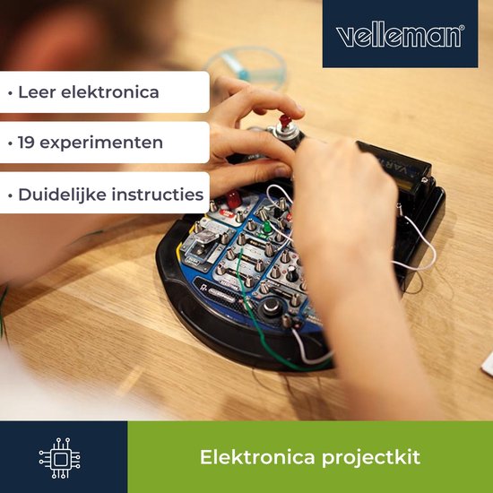 Velleman Kit de projet électronique pour les enfants de 8 ans et plus, explore les bases de l'électronique avec 18 expériences passionnantes, éducatives et interactives, LED, ventilateur et son.
