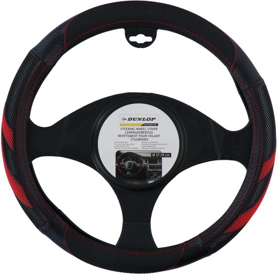 Dunlop Housse de volant voiture 38CM - Convient aux volants 37-39CM - Prise en main confortable - Antidérapant - Décoration de voiture - Cuir synthétique - Noir/Rouge