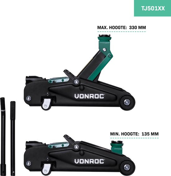VONROC Cric de voiture - Cric de garage - 2 tonnes - Max. 33 cm. - Poignée de levage longue incluse