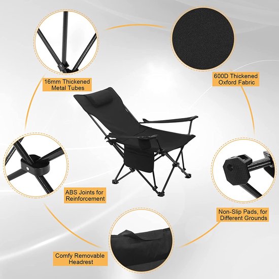 Chaise de camping, chaise pliante, chaise de pêche, chaise de plage légère, chaise pliante avec dossier, porte-gobelet, sac de rangement, capacité de charge de 150 kg, noir