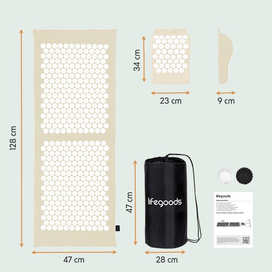 Tapis d'acupression XL LifeGoods - avec coussin - Tapis Shakti - Tapis pour les ongles avec 2 balles pour les points de déclenchement - 128x48x2cm - Beige/Blanc