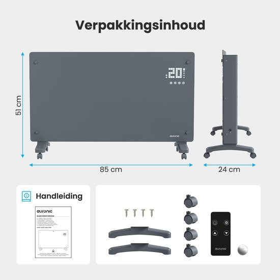 Chauffage Électrique - Auronic - Convecteur avec Thermostat et Télécommande - Panneaux chauffants - jusqu'à 30 m² - Chauffage 2500W - Gris