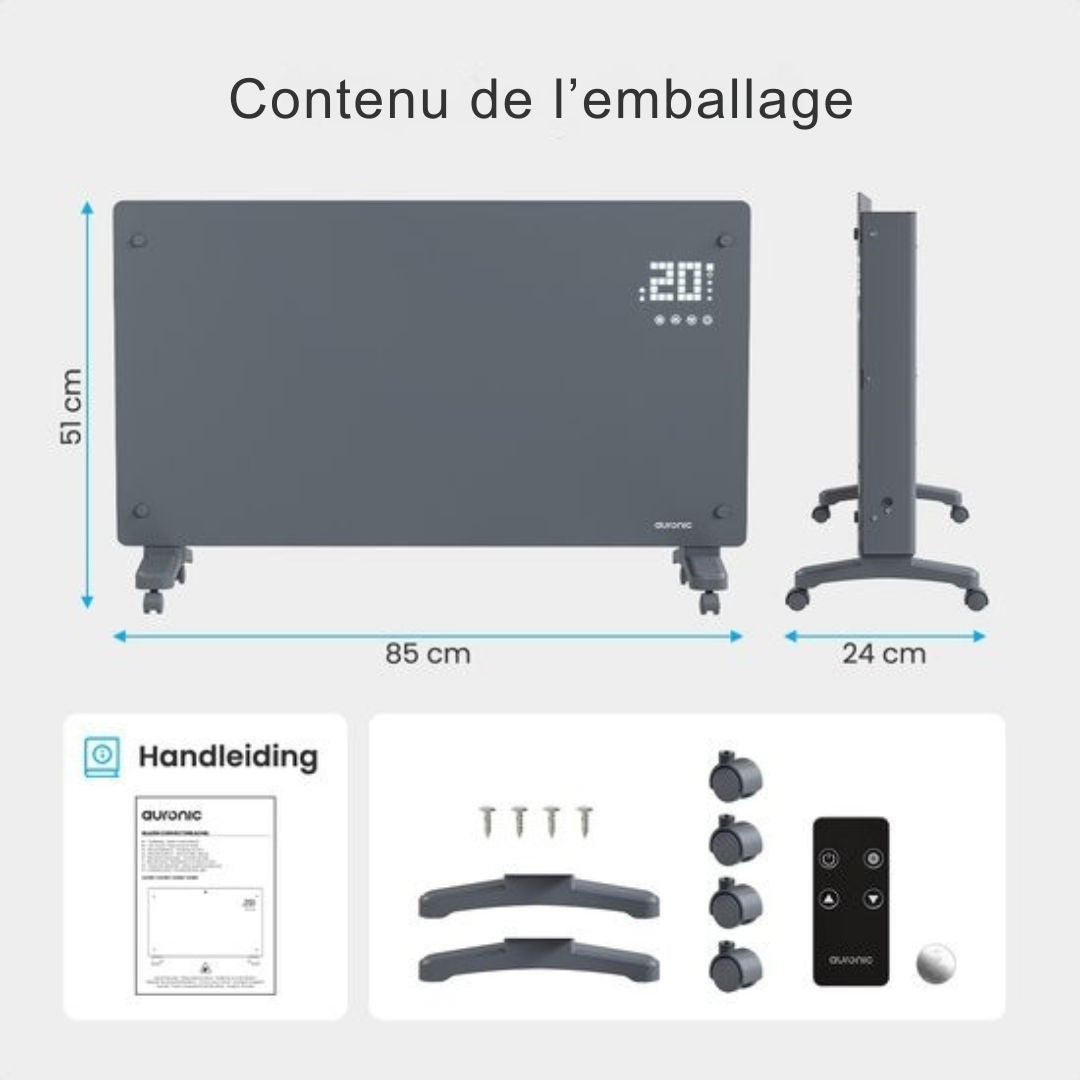 Chauffage Électrique - Auronic - Convecteur avec Thermostat et Télécommande - Panneaux chauffants - jusqu'à 30 m² - 2500W - Gris