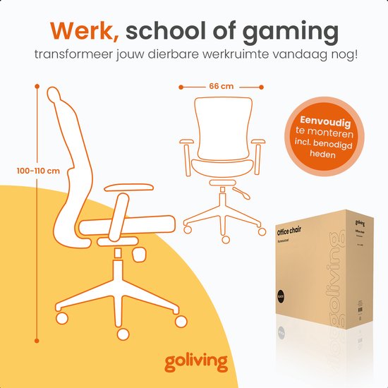Goliving Ergonomic Office Chair - Chaise de bureau - réglable - sur roulettes - pour adultes - NEN-1335 - noir