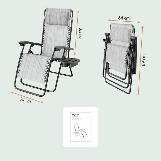 LifeGoods Fauteuil de jardin pliable - Chaise longue de jardin - 30°-90° réglable - Métal - Gris clair
