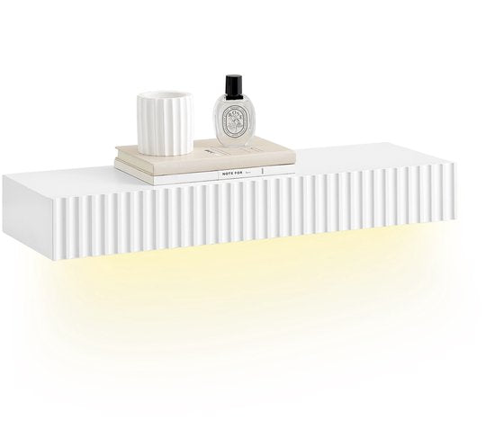 SoBuy FHK38-W étagère murale flottante avec tiroir et détecteur de mouvement LED, étagère murale pour chambre, hall et salon, fonctionne sur piles, L60 × P20 × H8 cm, blanc
