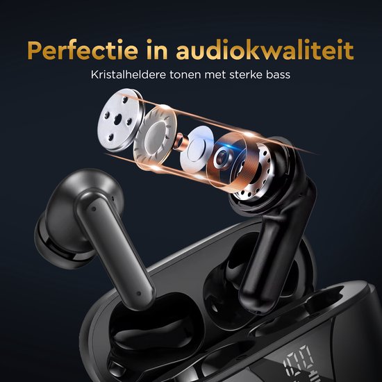 Écouteurs Golden Sound sans fil - Écouteurs sans fil - Écouteurs Bluetooth - Suppression active du bruit - Écouteurs pour le sport - Écran LED - Fonction tactile - Convient à tous les smartphones et ordinateurs portables