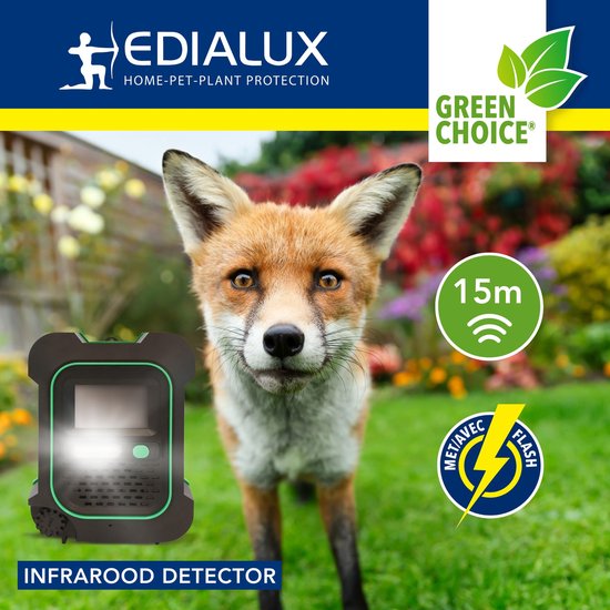 Edialux Ultrasonic Defend Foxes & Marters Flash, répulsif à ultrasons pour renards et martres avec flash, protégez votre jardin efficacement et en toute sécurité, fonctionne avec des piles ou un adaptateur, max 200 m².