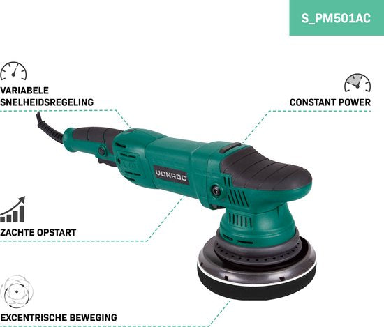 VONROC Polisseuse excentrique - Polisseuse - 1050W - Ø150MM - Démarrage progressif - Inclus 4 disques, support et sac