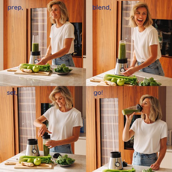 Safecourt Kitchen Power blender - 5 programmes automatiques - Smoothie maker - +2 gobelets à emporter - inox