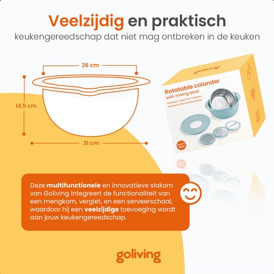 Saladier Goliving - 2,5L - Ø 26 cm - Bol à mélanger - Passoire - Poêle à frire avec couvercle - Bol de service - Coupe-légumes - Hachoir - Bleu