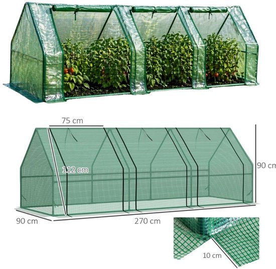Ceruzo serre 270 cm - Serre à feuilles - 3 portes - Serre - Jardin - 270 x 90 x 90cm