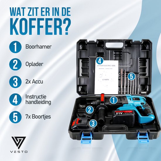 Vesto® Marteau perforateur électrique - Perceuse à percussion sans fil - Marteau perforateur avec fonction burin - Marteau combiné sans fil - Perceuse à béton - Comprend un jeu de perceuses, 2 batteries et un chargeur