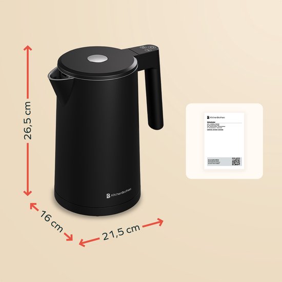 KitchenBrothers Bouilloire - 1,7L - Avec contrôle de la température - Électrique - Fonction maintien au chaud - Affichage - Double paroi - Cool-touch - 2200W - Noir