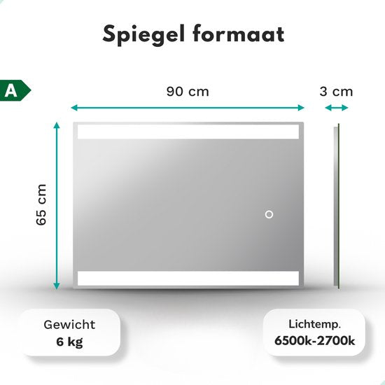 Mirlux Miroir de salle de bain avec éclairage LED et chauffage - Miroir mural rectangulaire - Miroir de douche anti-condensation - 90x65CM