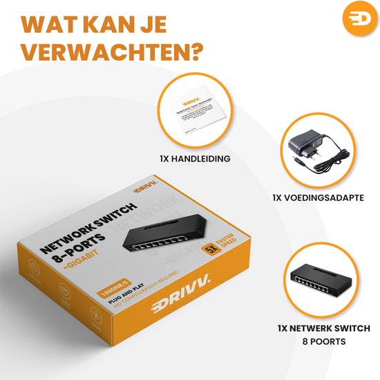 Drivv. Commutateur réseau - 8 ports - Commutateur Internet - Répartiteur RJ45 - noir