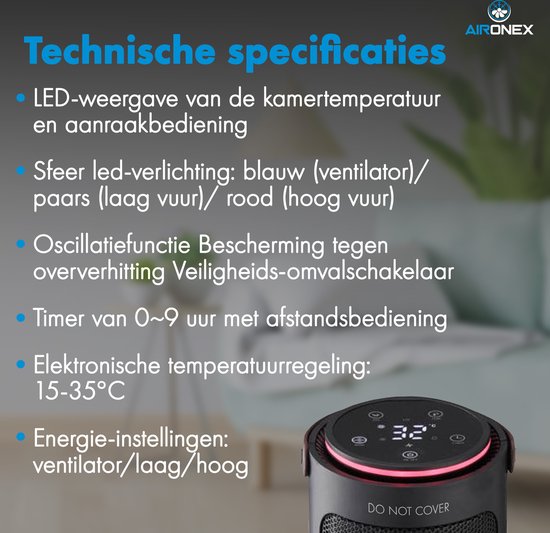 Radiateur Électrique 2000 Watts de Aironex - Ventilateur Chauffant Céramique Noir - Chauffage Électrique - Chauffage Électrique - Radiateur - Ventilateur Chauffant avec Télécommande et Fonction Timer