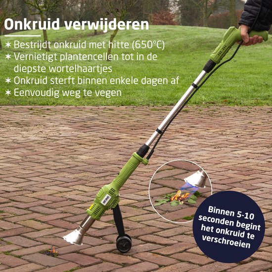 BREND BR-2229 Brûleur électrique de mauvaises herbes avec roues - Désherbeur avec chaleur jusqu'à 650 °C - Avec accessoire pour barbecue - Respectueux de l'environnement - Vert