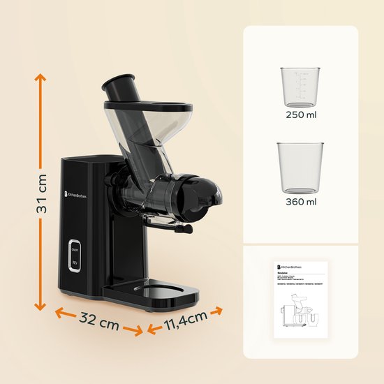 KitchenBrothers Slowjuicer - Mini presse-agrumes - Presse-légumes et fruits - Alimentation 40 mm et 50 mm - 400 ml - Noir