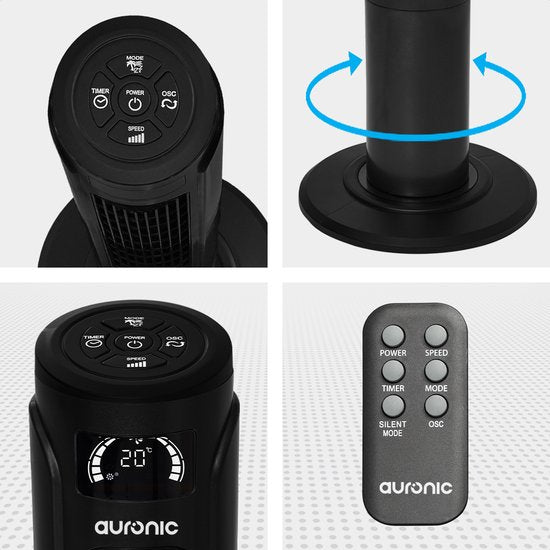 Auronic Tower Fan - Ventilateur sur pied avec télécommande - Ventilateur de sol - Minuteur - Ventilateur de colonne - Ventilateur - 55W - 45dB - 118cm - Noir