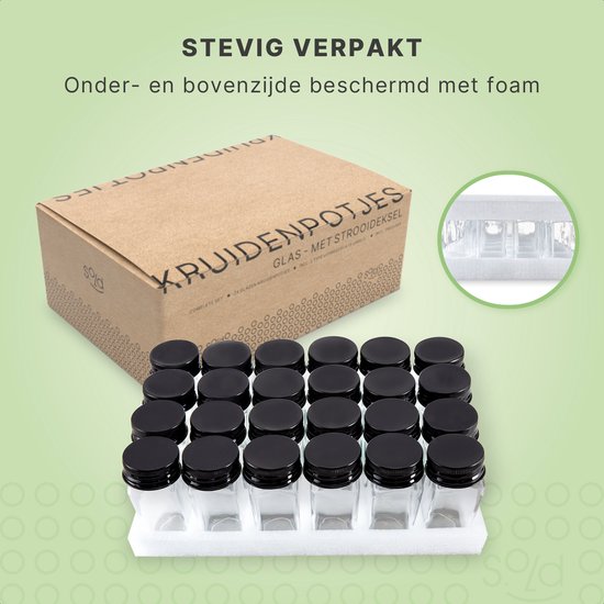 S.old - 24 pots à épices en verre carrés avec couvercle noir - Spice Spreader - Set complet avec couvercles à saupoudrer, autocollants préimprimés et entonnoir - Capacité 120 ml - 10,5 x 4,3 cm