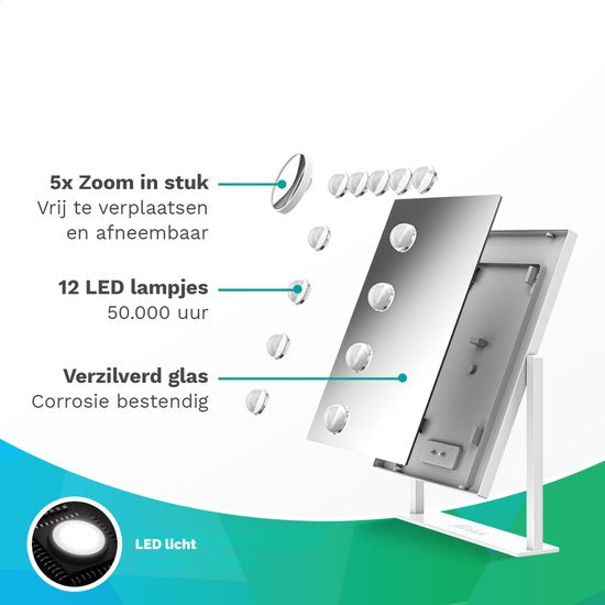 Mirlux Make Up Hollywood Mirror with Lighting (44x30cm) - Vision - Ampoule LED dimmable - 13 lampes - Blanc
