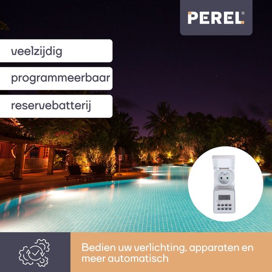 Perel Minuterie hebdomadaire, numérique, 230 V, 32 A, 3600 W, IP44, pour usage extérieur, mise à la terre française type E, blanc