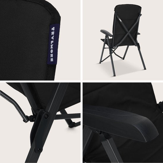 TRVLMORE Chaise de camping de luxe - pliable - capacité de charge de 150 kg - sac de transport inclus - chaise pliante - chaise de camping - chaise pliante - noir
