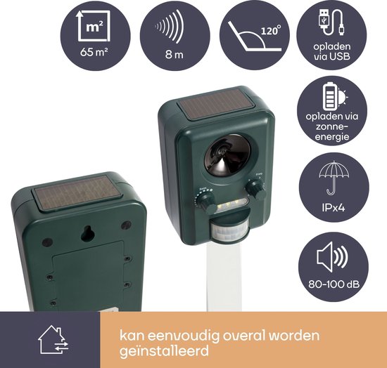 Perel Répulsif ultrasonique à énergie solaire, extérieur, répulsif contre les souris, les rats, les insectes, les chats, les martres, les oiseaux, les renards, effraie les chats, répulsif contre les martres, rechargeable par usb, jusqu'à 65m².