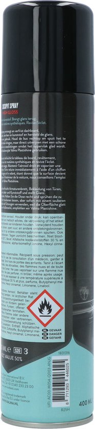 Valma Cockpitspray High Gloss 400 ml - Nettoyage de l'intérieur de la voiture - Anti-poussière - Convient pour le plastique et le cuir
