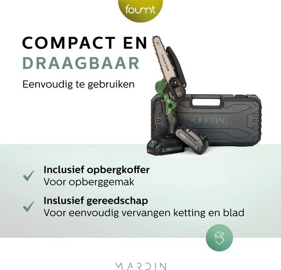 Mini tronçonneuse Mardin - Scie à branches électrique - Scie d'élagage - Scie à bois - Scie à main - Scie à arbre - Taille-haie - 2 piles - Coffret de rangement - Vert