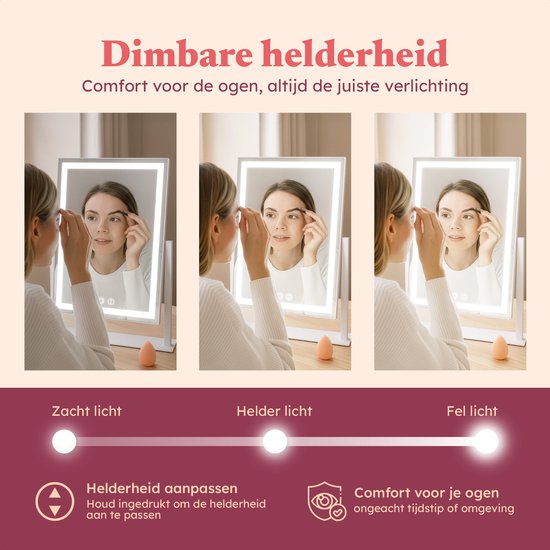 Fraay® Hollywood Mirror with Lighting 41x30cm - 3 Light Stages - Make-up Mirror with 10x Magnification Mirror - LED Strip Lighting Dimmable - Incl. Beauty Blenders and Powder puff