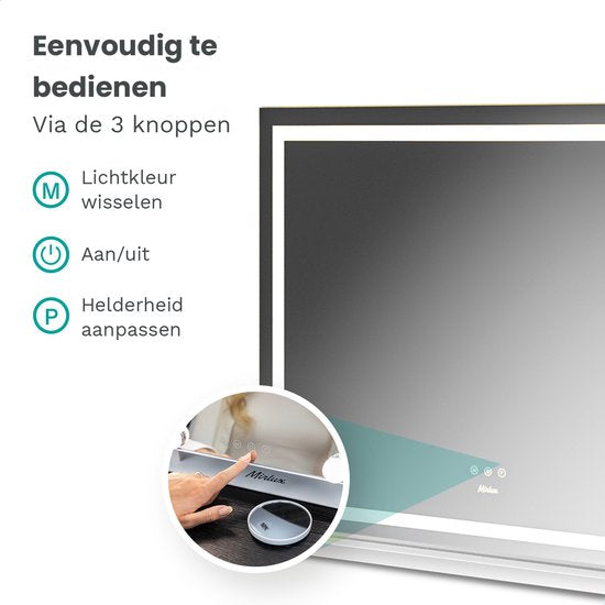 Mirlux Hollywood Mirror 80x60CM - 2 haut-parleurs Bluetooth - ports de charge USB et USB-C - éclairage LED - miroir de maquillage - zoom 10x - suspendu - blanc