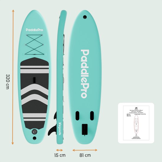 LifeGoods PaddlePro SUP Board - Planche à pagaie gonflable - Ensemble complet - Max. 135KG - 320x81cm - Vert pastel