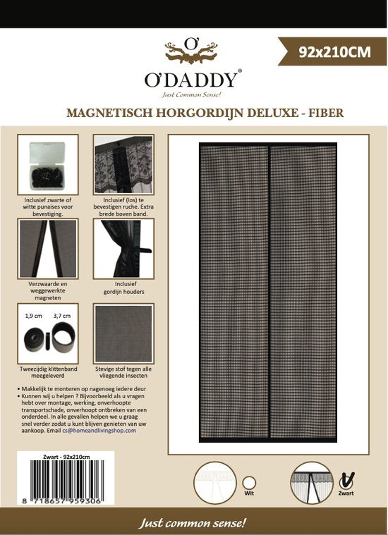 O'DADDY Rideau de porte Deluxe FIBER - Rideau à lames magnétiques - Pour les nouvelles constructions et les portes standard - Installation facile - Noir Hor - 92x210 cm
