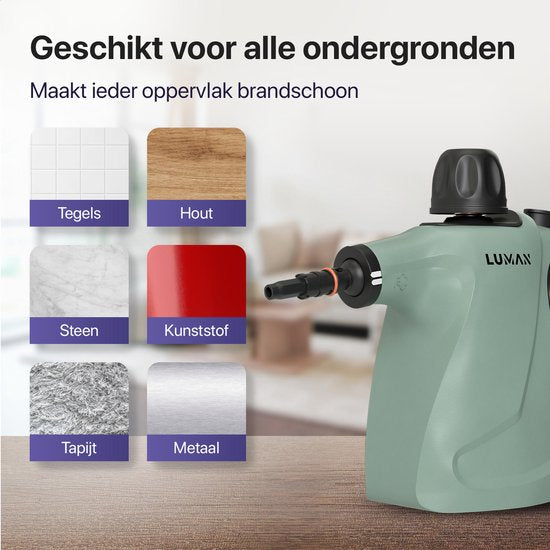 Nettoyeur vapeur portatif - Luman - 1050W - Réservoir 450 ml - Pression 0,26 à 0,32 MPa - Fonction vapeur continue - 16 accessoires - Vert