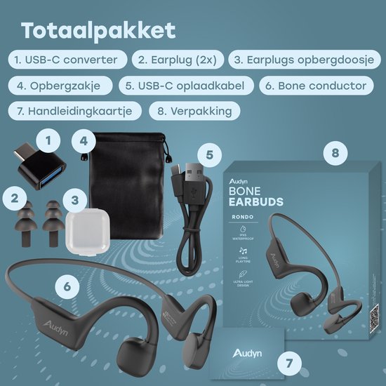 Audyn Bone Rondo - Ecouteurs pour le sport - Ecouteurs à conduction osseuse - Bluetooth - Ecouteurs ouverts - Sans fil - Batterie de 9 heures
