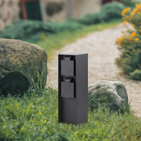 Prise de jardin Luft - Sur pilier avec mise à la terre latérale - 2 prises - Poteau de jardin - Extérieur - Etanche - Poteau - Boîte - Contact - IP44 - Noir mat - Boîte - Avec - Prise