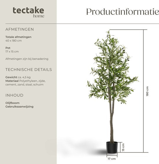 tectake® Olivier artificiel Oleand - Plante artificielle méditerranéenne avec feuilles et olives réalistes - Facile d'entretien et polyvalent - Pot de fleurs robuste inclus - Hauteur : 180 cm