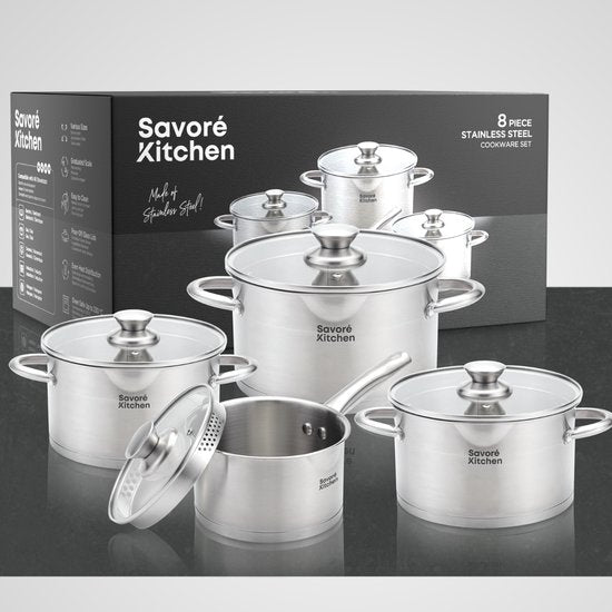 Savoré Kitchen 8-piece stainless steel pan set - Cooking Pans with Glass Lid - Induction Pans - Drain rim, Graduation and Versing Spout