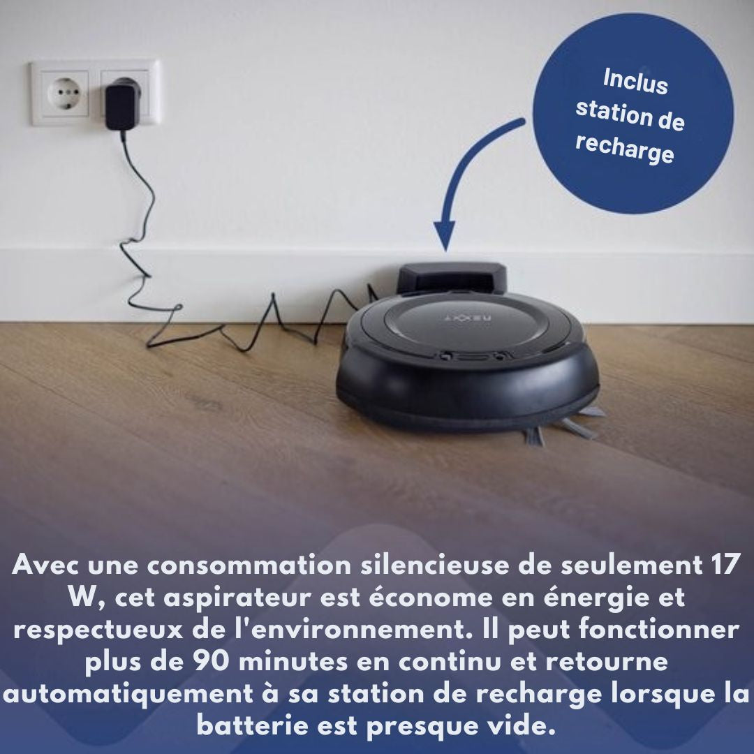 Robot aspirateur avec station de recharge 3 en 1 - Nexxt - pour animaux de compagnie - Capteur anti-virus et 3 modes de nettoyage - Adaptateur et brosse inclus - 17W - noir