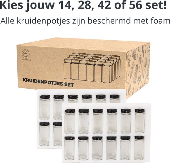 Organess 28 pots à épices en verre carrés avec couvercle noir - 3 types de couvercles à saupoudrer - Spice Spreader - pots à épices - set complet avec stickers à épices, stick à craie et accessoires - 120ml