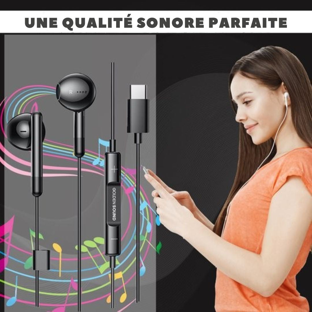 Écouteurs filaires Golden Sound - avec microphone - Connecteur USB-C - Noir