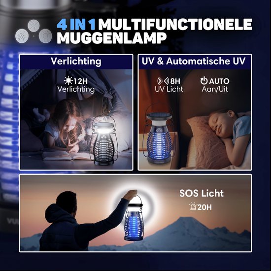 Vulpes Goods® Repellent - Mosquito lamp PRO - Electric Insect Killer - Fly lamp - Insect lamp - UV mode & Night light - Suspendable - Rechargeable & Solar - Waterproof - Incl. collection tray & cleaning brush