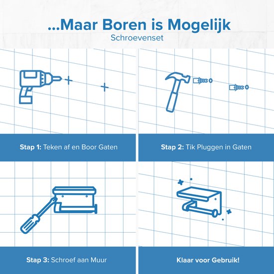 Happy Goods Porte-rouleau de toilette avec étagère - Autocollant / Perçage - Porte-rouleau de toilette Noir sans perçage - Acier inoxydable - Vis incluses.
