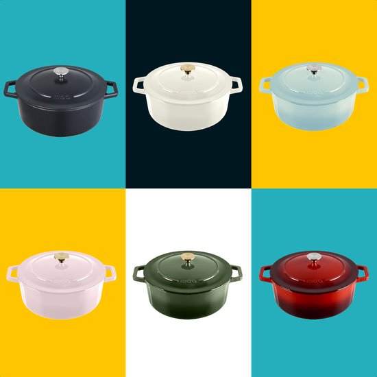 MOA Casserole en fonte - 7,2L - Pour toutes les sources de chaleur y compris l'induction - Avec couvercle - Ø 30cm - Revêtement antiadhésif - Bleu clair