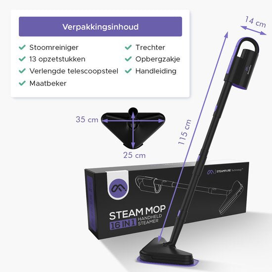 Motionflow 16-in-1 Nettoyeur vapeur - Nettoyeur de taches - Nettoyeur vapeur à main pour le nettoyage en profondeur du sol, du canapé, de la salle de bain et du tapis - Balai vapeur - Nettoyeur de tapis - Nettoyeur vapeur noir