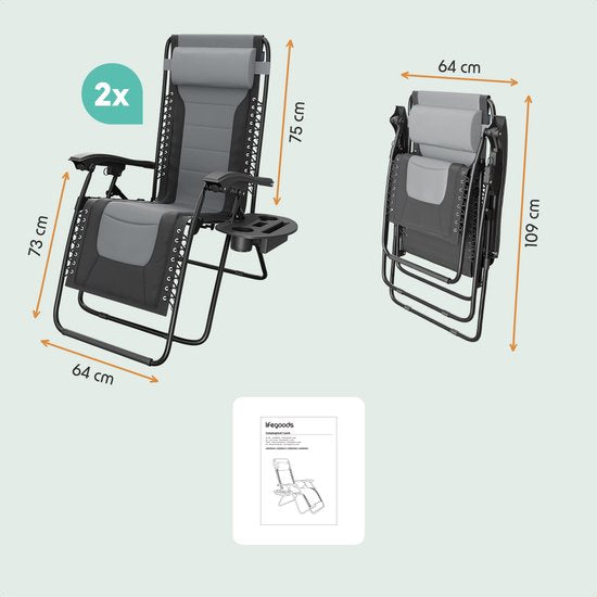 LifeGoods Chaises longues confort - pliable - 30°-90° réglable - support pour gobelets et téléphone - chaises de jardin - noir/gris